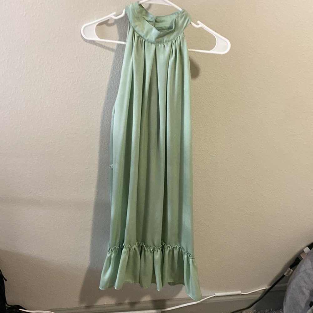 Green satin high neck straight down dress